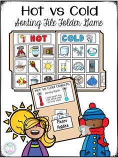 the hot vs cold sorting file folder is shown with an image of two children in winter clothes