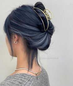 Blue Jeans Hair Color, Grey Blue Peekaboo Hair, Ashy Blue Hair Balayage, Dark Denim Blue Hair, Blue Highlighted Hair, Dark Blue Hair Light Blue Highlights, Dark Ashy Blue Hair, Ash Blue Highlights, Peek A Boo Blue Hair