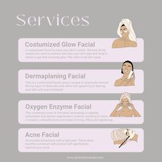 Different Types Of Professional Facials, Esthetician Facial Price List, Basic Facial Steps Esthetician, Facial Service Menu Ideas, Facial Names Ideas, Esthetician Services List, Facial Steps Professional, Facial Room Ideas Estheticians, Small Facial Room Ideas