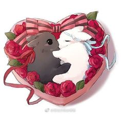 a heart shaped box filled with flowers and a stuffed animal in it's lap