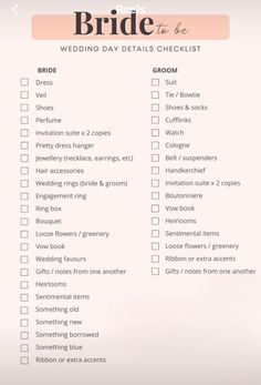 a wedding checklist with the words bride to be written in pink and white on it