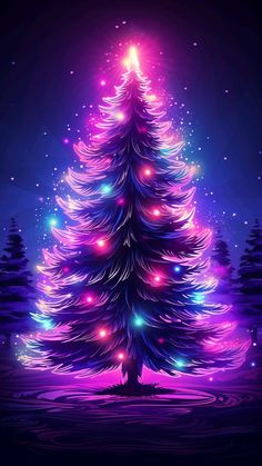 a brightly lit christmas tree in the middle of a dark night with stars on it