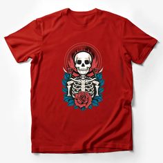 Gothic Skull and Roses T-Shirt, Unisex Graphic Tee with Skeleton and Floral Design, Street Style Fashion Male T-Shirt Custom graphic T-Shirt.Customize your color Red Skull Print Graphic Tee, Red Skull Print Short Sleeve T-shirt, Red Skull Print Short Sleeve Top, Red Short Sleeve Top With Skull Print, Red T-shirt With Skull Print For Halloween, Halloween Red T-shirt With Skull Print, Skull And Roses, Fashion Male, Gothic Skull