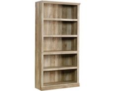 a wooden bookcase with three shelves on each side