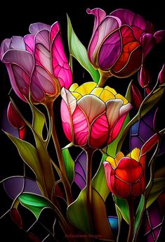 stained glass flowers are displayed on a black background