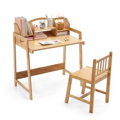 a wooden desk and chair with books on it