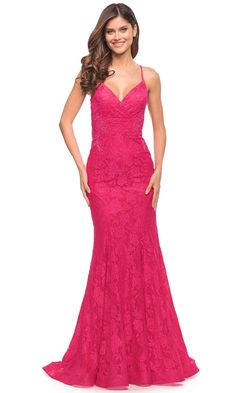 La Femme 30690 - Sleeveless Lace Up Mermaid Dress Special Occasion Dress 00 / Hot Pink Stretch Lace Dress, Dramatic Entrance, Empire Silhouette, Floral Lace Shorts, Embroidered Lace Dress, Empire Waistline, Prom Designs, Full Length Dress, Mermaid Skirt