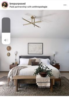 a bed room with a neatly made bed and a plant on top of the bed