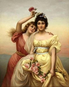 two women in dresses with flowers on their heads, one holding the other's hair