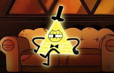 a cartoon character standing in front of a couch with a lit up triangle on it