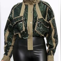 Long Sleeve Sequins Crop Jacket Casual Long Sleeve Cropped Jacket For Party, Casual Cropped Jacket For Spring Party, Casual Spring Cropped Jacket For Party, Brown Party Outerwear For Spring, Trendy Khaki Cropped Jacket For Fall, Feminine And Masculine, Military Inspired Jacket, Shiny Jacket, Masculine Style