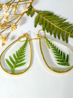 "Ferns are just the best. So simple and so beautiful. These large fern teardrop earrings are simple, yet eye catching- and perfect for everyday wear. These are extremely lightweight, and are perfect for you nature lovers. We've carefully preserved these ferns in high quality plant based resin so that they will never wilt or fade. The frame on these are approx 47x30mm The frame is high quality gold or silver plated brass and the fish hooks are safe for sensitive ears. All of our jewelry is nickel Teardrop Earrings With Natural Inclusions, Nature-inspired Teardrop Earrings With Pressed Flowers, Nature-inspired Drop Earrings With Natural Inclusions, Nature-inspired Teardrop Birth Flower Earrings, Green Teardrop Nature-inspired Jewelry, Nature-inspired Green Teardrop Jewelry, Green Botanical Drop Earrings Jewelry, Nature-inspired Leaf-shaped Jewelry With Pressed Flowers, Nature-inspired Green Teardrop Earrings