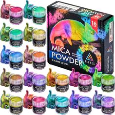 the colorful powders are all in different shapes and sizes, including one chamelon