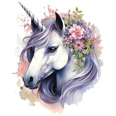 a unicorn with flowers on its head is shown in this watercolor painting style illustration