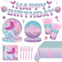 PRICES MAY VARY. Complete Mermaid Party Set: Our mermaid birthday party decorations include everything you need for a magical under-the-sea celebration. This all-in-one set features a vibrant Happy Birthday banner, 25 x 9-inch plates, 25 x 7-inch plates, 25 napkins, 25 cups, 25 forks, and a mermaid-themed tablecloth (54 x 108 inches). Designed to serve 25 guests, it ensures a delightful and hassle-free party setup. Enchanting Mermaid Design: Transform your party space with our beautifully design Nastya Birthday Theme, Mercat Birthday Party, Under The Sea Birthday Party Decorations, Mermaid Theme Party Decorations, Tablecloth Banner, Sea Birthday Party Decorations, Mermaid Decorations, Mermaid Tail Pattern, Under The Sea Decorations