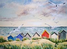 a painting of beach huts and seagulls flying over the ocean