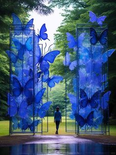 a person standing in the middle of a park with blue butterflies on it's gates