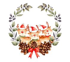 watercolor christmas wreath with three deers and pine cones on the bottom, surrounded by greenery