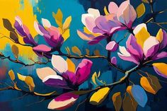 a painting of pink and yellow flowers on a branch