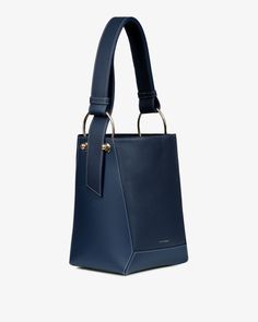 Lana Midi Bucket Bag - Navy with Grey Stitch Leather Bucket Bag With Detachable Handle For Everyday, Modern Bucket Bag With Detachable Strap And Double Handle, Modern Bucket Bag With Detachable Strap For Work, Everyday Bucket Bag With Detachable Double Handle, Modern Bucket Bag For Work, Modern Bucket Bag For Workwear, Daily Shoulder Bucket Bag With Handle Drop, Chic Bucket Hobo Bag, Everyday Leather Top Handle Bucket Bag