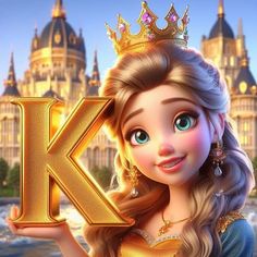 the letter k is in front of a castle with a princess holding a gold crown