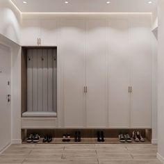 an empty closet with shoes on the floor in front of it and a bench between two doors