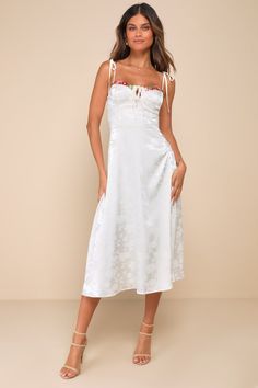 Cream Satin Dress - Embroidered Dress - Tie-Strap Midi Dress - Lulus Floral Print Jacquard Midi Dress, Feminine Jacquard Summer Dress, Summer Jacquard Midi Dress For Party, Summer Party Jacquard Midi Dress, Spring Satin Dress With Floral Embroidery, Spring Jacquard Midi Dress With Floral Print, White Jacquard Evening Dress, White Jacquard Dresses For Spring, Spring White Jacquard Dresses