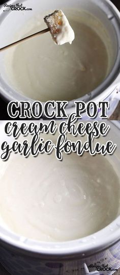 crock pot cream cheese garlic fondue is in a white bowl with a wooden spoon