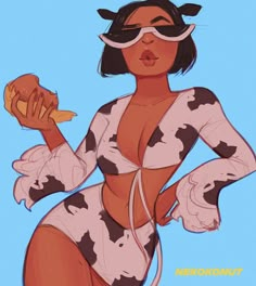 a drawing of a woman in a cow print swimsuit holding a hot dog and wearing goggles