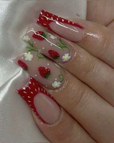 Nail Arts Ideas, Nail Art Designs 2023, Strawberry Nail Art, Strawberry Nails, Nails Design Ideas, Arts Ideas, Summery Nails, Girly Acrylic Nails