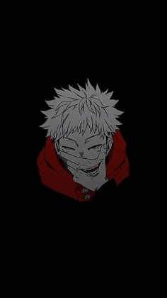 an anime character with white hair and red eyes, wearing a hoodie in the dark