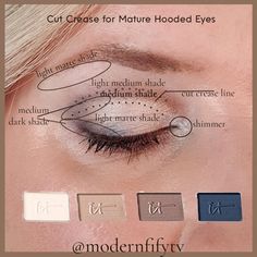 Makeup For Hooded Eyelids, Eyeshadow For Hooded Eyes, Cut Crease Tutorial, Makeup Over 50, Makeup Tips For Older Women, Makeup For Older Women, Natural Make Up Looks, Shimmery Eyeshadow