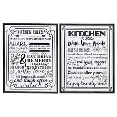 two black and white kitchen wall hangings with the words in different languages on them