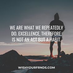 a person standing on top of a mountain with the words, we are what we repeatedly do excellence, there is not an act but a habitt