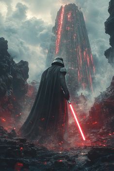 darth vader standing in front of a mountain with lavas and red lights