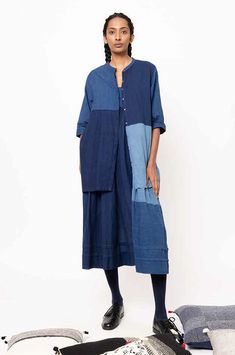 - 100% hand loomed cotton  - adjustable spaghetti straps  - panels of differing denim  - wear alone or layered under another dress or sweater/jacket  - dyed with real indigo  - wash separately in cold water air dry avoid direct sunlight.  - may transfer color onto skin due to indigo properties  - true to size. if busty consider sizing up.  - handmade in india Silk Cotton Dress, Patchwork Clothes, High Neck Blouse, Denim Wear, Mid Dresses, Mandarin Collar, Cotton Dress, Designer Outfits Woman, Sweater Jacket