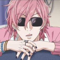 an anime character with pink hair and sunglasses