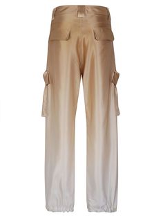 Silk cargo trousers Elastic and buttons on the bottom Belt loops Mid-leg patch pockets Gradient coloring Colour: beige Composition: 100% silk Beige Trousers With Flap Pockets, Beige Summer Pants With Multiple Pockets, Beige Cargo Pants With Patch Pockets For Summer, Silk Trousers With Pockets, Silk Pants With Pockets, Silk Pants With Pockets In Straight Cut, Chic Beige Cargo Pants With Side Pockets, Silk Straight Pants With Pockets, Sleep No More