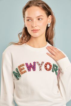 ENDLESS ROSE - New York Embellished Sweatshirt - HOODIES &SWEATSHIRTS available at Objectrare Fall Embellished White Tops, White Trendy Sweatshirt With Embroidered Text, Trendy White Sweatshirt With Embroidered Text, Embellished Casual Fall Sweatshirt, Embellished Casual Sweatshirt For Fall, Casual Embellished Fall Sweatshirt, Casual Embellished Long Sleeve Sweatshirt, Casual Long Sleeve Embellished Sweatshirt, White Embellished Long Sleeve Tops