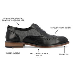 Introducing the Alister wingtip oxford by Thomas & Vine - the perfect dressy classic style. Made with genuine leather and a 12 mm Tru Comfort Foam™ insole, these shoes are designed for all-day comfort. With a lace-up closure, a 1-inch block heel, and a padded collar and tongue for extra comfort, these shoes are perfect for any formal occasion. The contrasting textile accents add a unique touch to these classic shoes, making them stand out in any crowd. Classic Wingtip Lace-up Shoes For Fall, Black Business Oxfords With Ortholite Insole, Fitted Round Toe Oxford For Derby, Fitted Round Toe Oxfords For Derby, Black Wingtip Oxfords For Semi-formal Occasions, Wingtip Oxfords With Leather Footbed For Fall, Black Wingtip Derby Shoes, Fall Wingtip Oxfords With Leather Footbed, Black Oxfords With Branded Insole For Fall