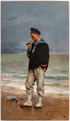 a painting of a man standing on the beach with his hands in his pockets and eating something