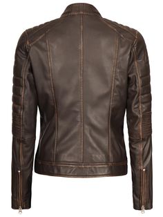 Distressed Brown Fitted Moto Biker Jacket, Fitted Distressed Brown Biker Jacket, Fitted Brown Outerwear For Biker Events, Fitted Brown Quilted Outerwear, Distressed Brown Fitted Biker Jacket For Events, Brown Biker Jacket With Zipper For Biker Events, Brown Zipper Biker Jacket For Events, Fitted Brown Leather Jacket With Padded Collar, Brown Motorcycle