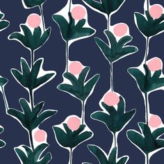 an abstract floral pattern with pink and green leaves on a dark blue background that is repeated to the same color scheme