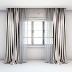 an empty room with a window and curtained drapes on the windowsills