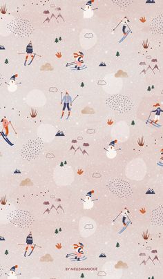 a pink background with skiers and snow flakes