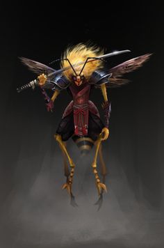 an insect with long legs and yellow hair is standing on one leg while holding two swords