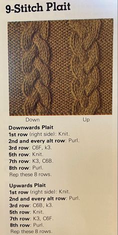 an instruction manual for knitting the 9 - stitch plait, with instructions on how to