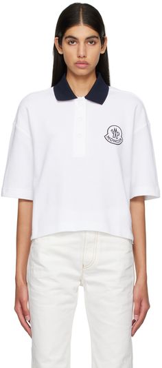 Cotton piqué polo. · Rib knit spread collar · Three-press-stud placket · Logo printed at chest · Tennis-tail hem Supplier color: White Designer White Tops With Ribbed Collar, Polo Women, Moncler Women, Polo Shirt Women, Apparel Accessories, Rib Knit, Shirts Tops, Tennis, Color White