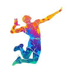 the silhouette of a running man is painted in bright colors