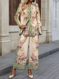 2pcs Women's Floral Print Long Sleeve Blouse And Wide Leg Relaxed Pants Set Multicolor Boho    Floral,Plants,All Over Print  Slight Stretch  Women Clothing, size features are:Bust: ,Length: ,Sleeve Length: Relaxed Pants, Plus Size Suits, Girls Snow Boots, Relax Pants, Retro Mode, Linen Style, Retro Women, Kids Sleepwear, Inspiration Mode